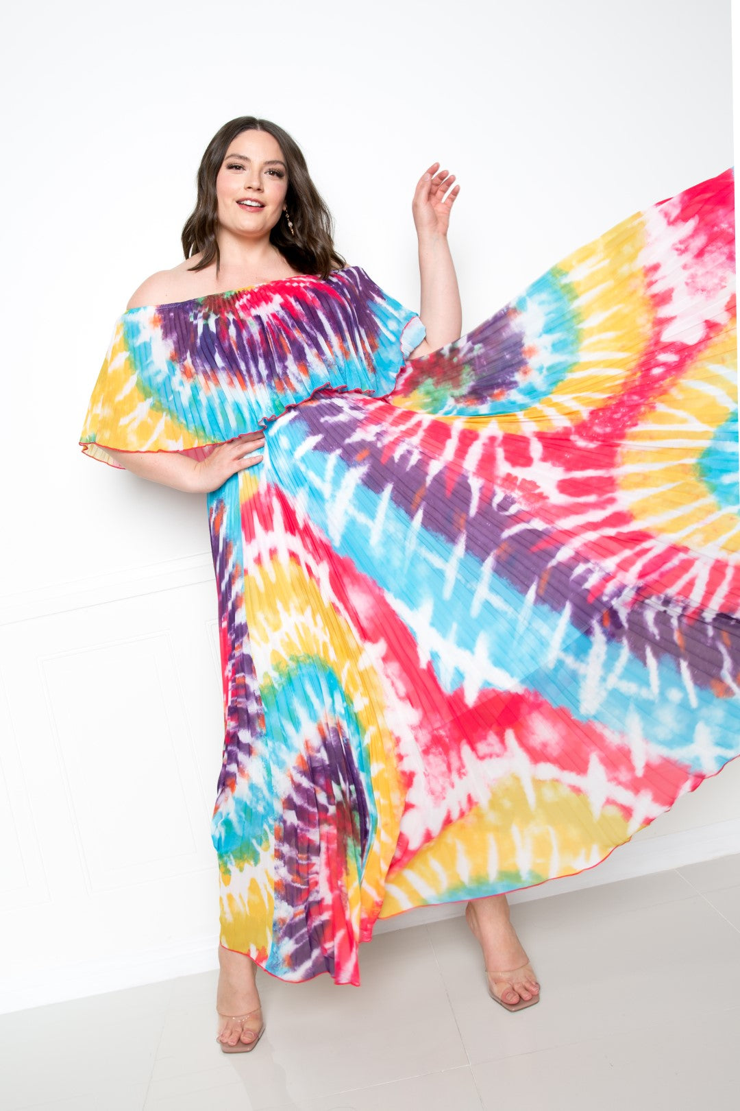 Women's Tie Dye Off Shoulder Pleated Maxi Dress