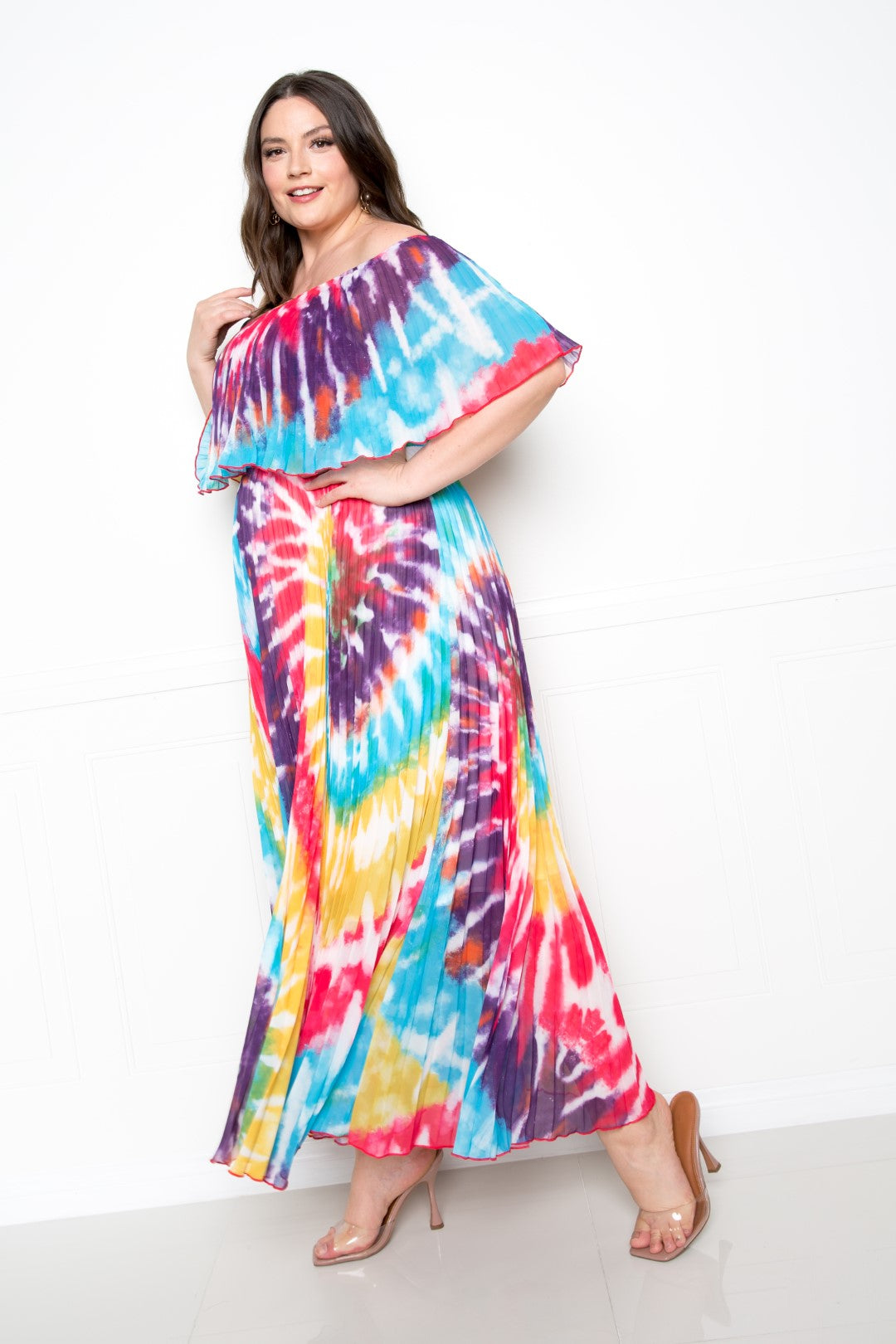 Women's Tie Dye Off Shoulder Pleated Maxi Dress