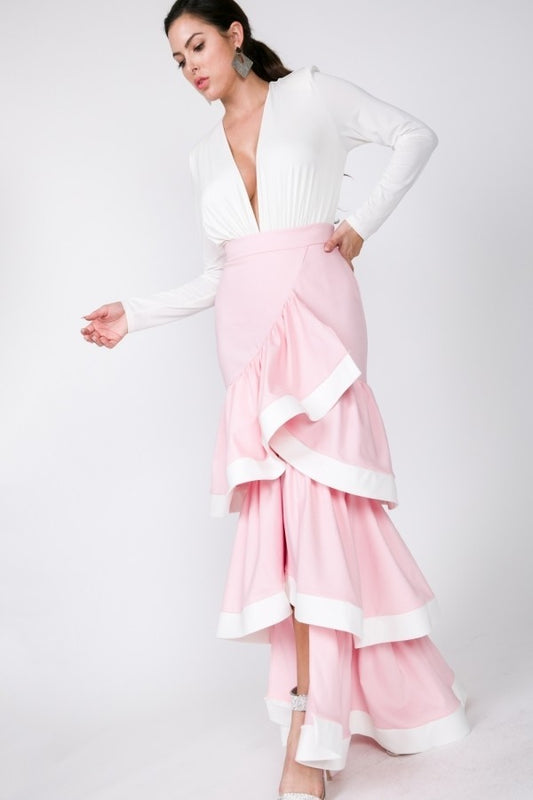 Women's Contrast Hem Ruffle Layer Maxi Skirt (L Only)