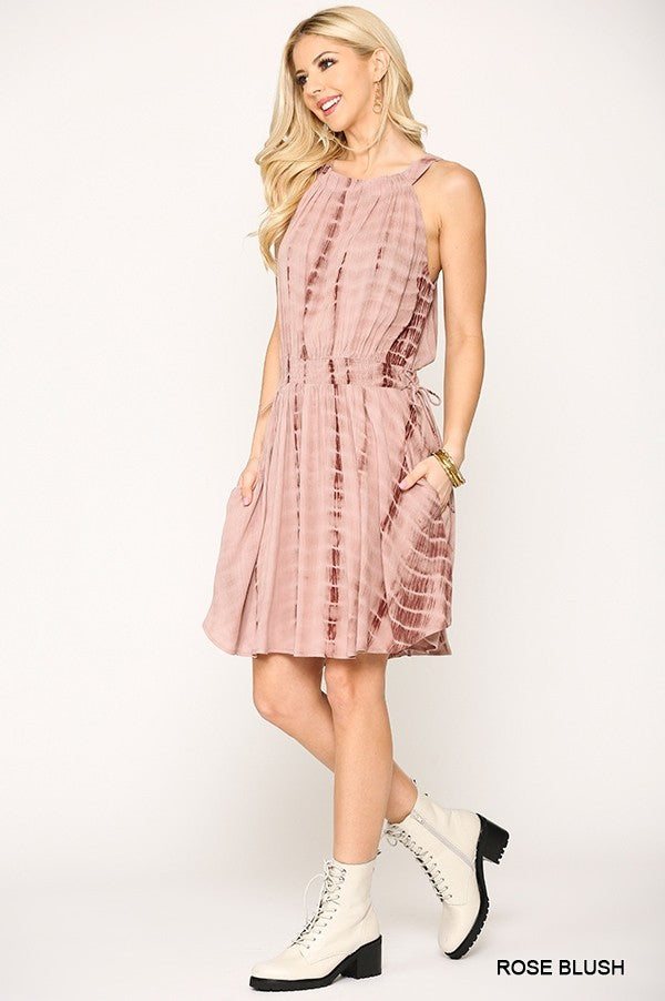 Women's Tie Dye Halter Neck Waist Smocked Dress With Side Tie And Pockets