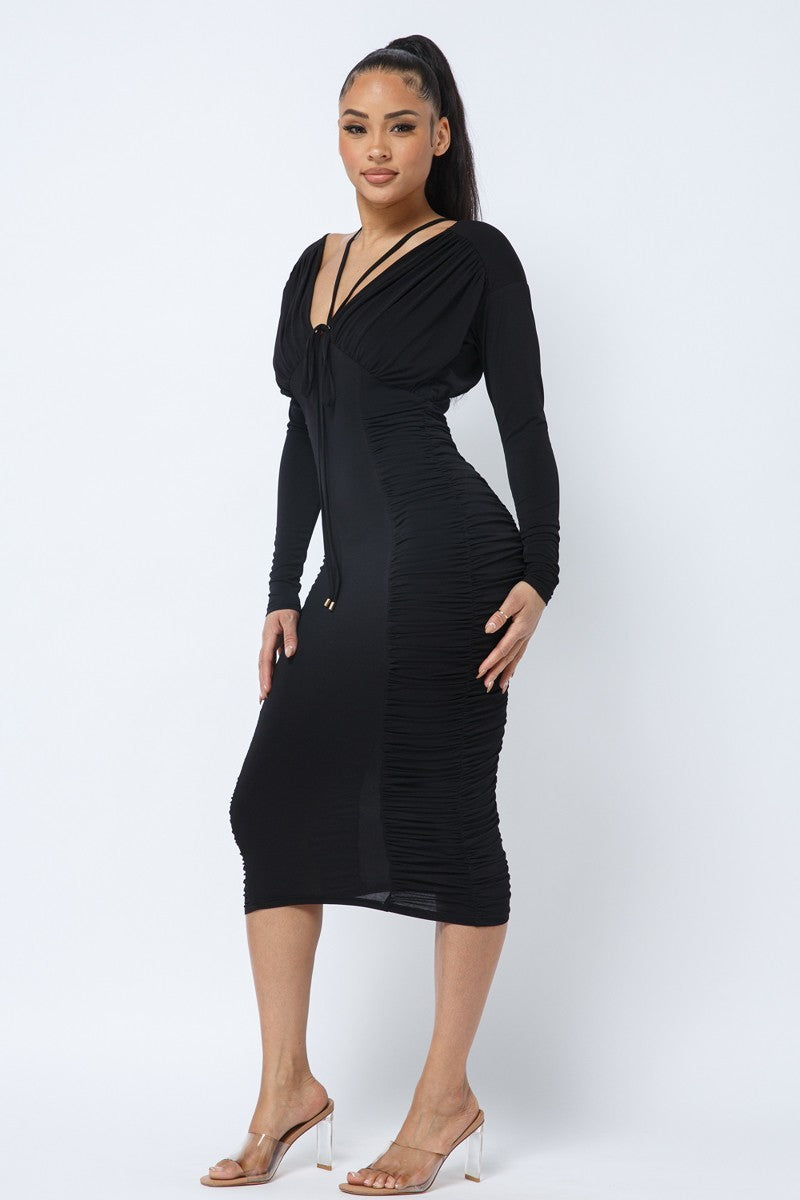 Women's Women's Long Sleeve Midi Dress With Low V Neck Front And Back With Ruching On Sides And Chest