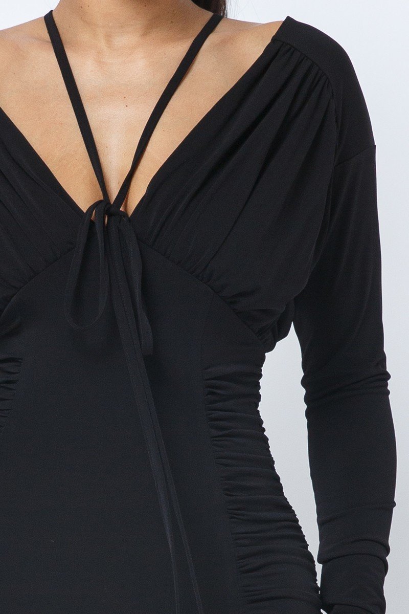 Women's Women's Long Sleeve Midi Dress With Low V Neck Front And Back With Ruching On Sides And Chest
