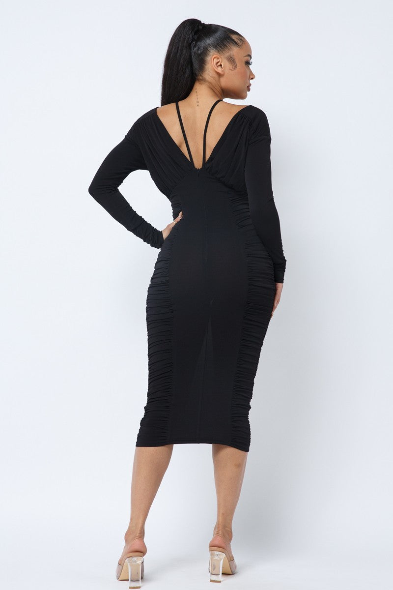 Women's Women's Long Sleeve Midi Dress With Low V Neck Front And Back With Ruching On Sides And Chest