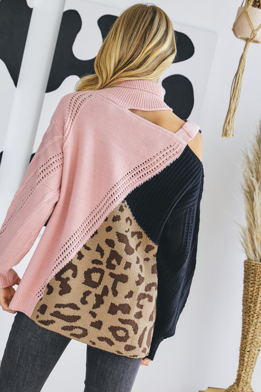 Women's Turtle Neck Color Block Cutout Sweater