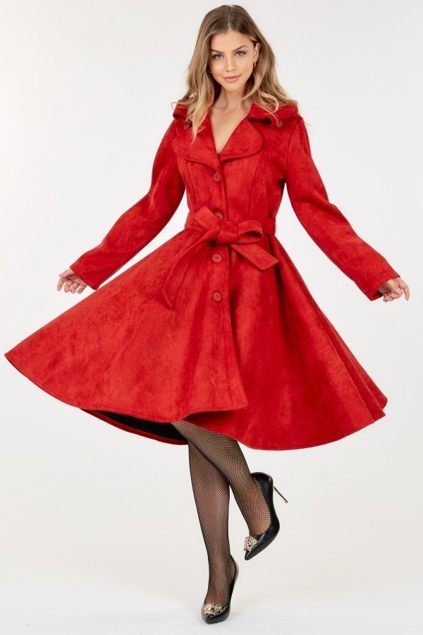 Women's Button Tacking Collar A Line Suede Coat