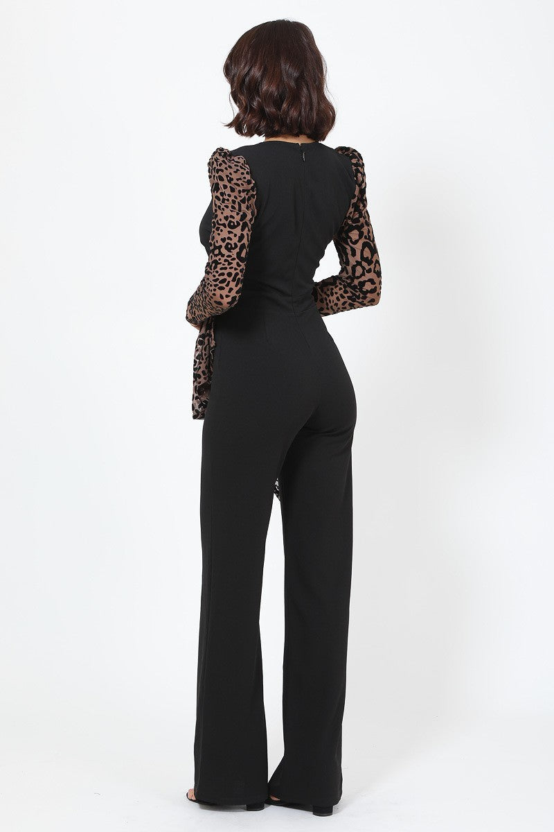 Women's Plunging V Buckle Detail Leopard Jumpsuit