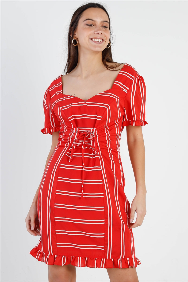 Women's Red Stripe Lace Up Front Detail Ruffle Trim Balloon Sleeve Dress