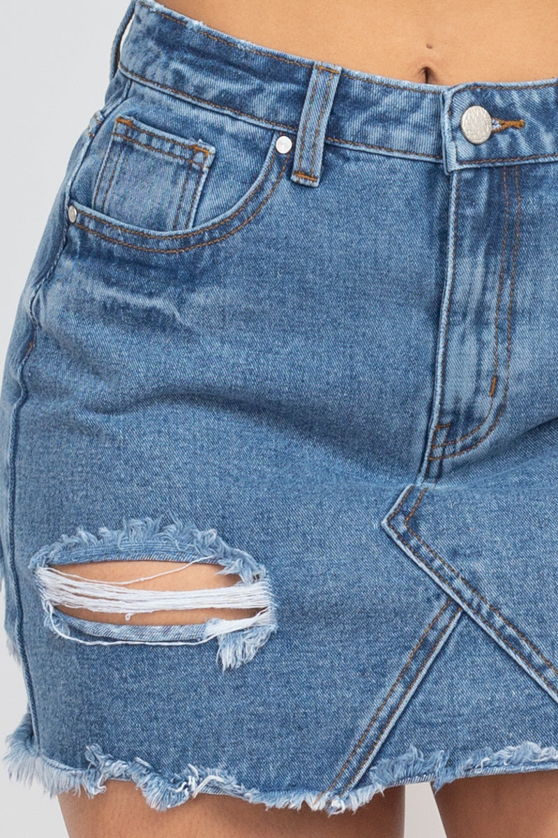 Women's Distressed Frayed Hem Denim Jean Mini Skirt (S Only)