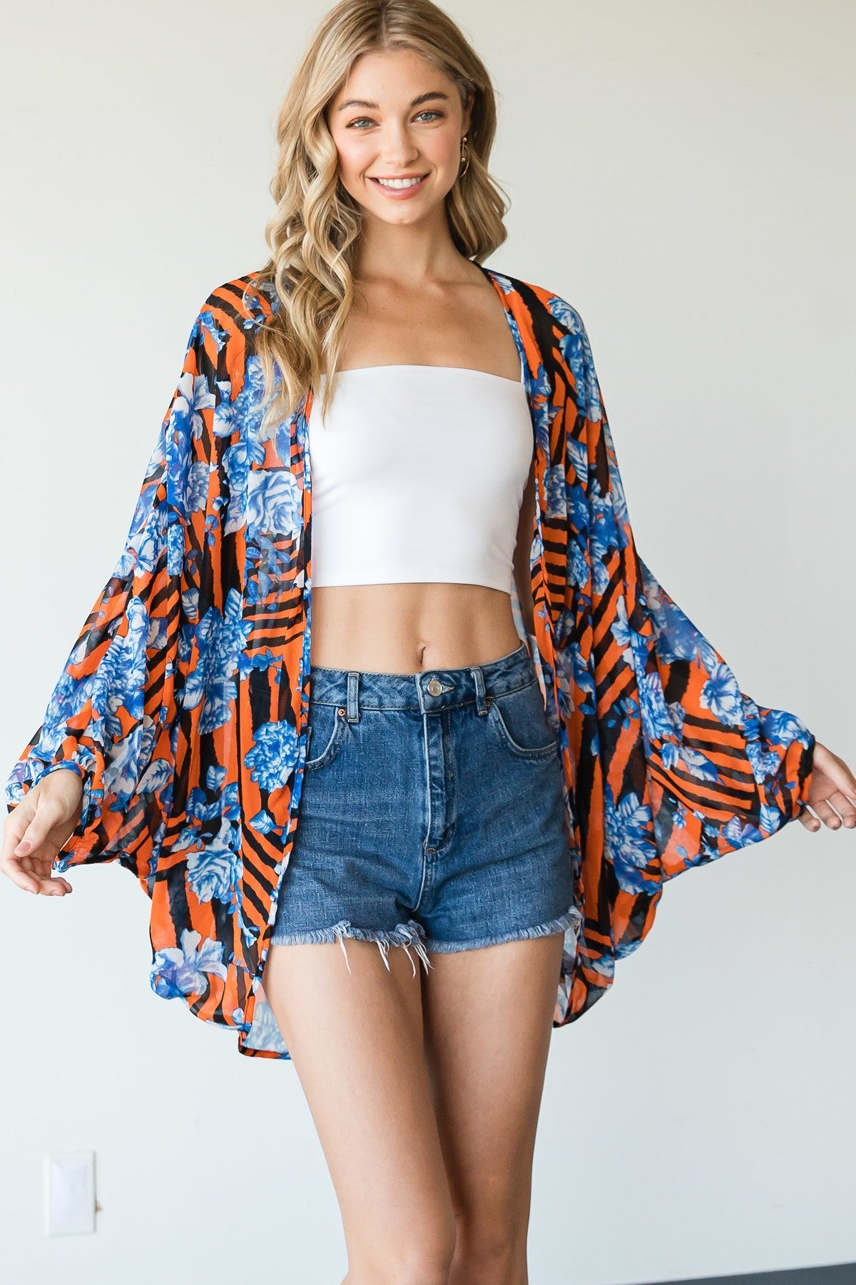 Women's Stripes and Floral Print Lightweight Kimono