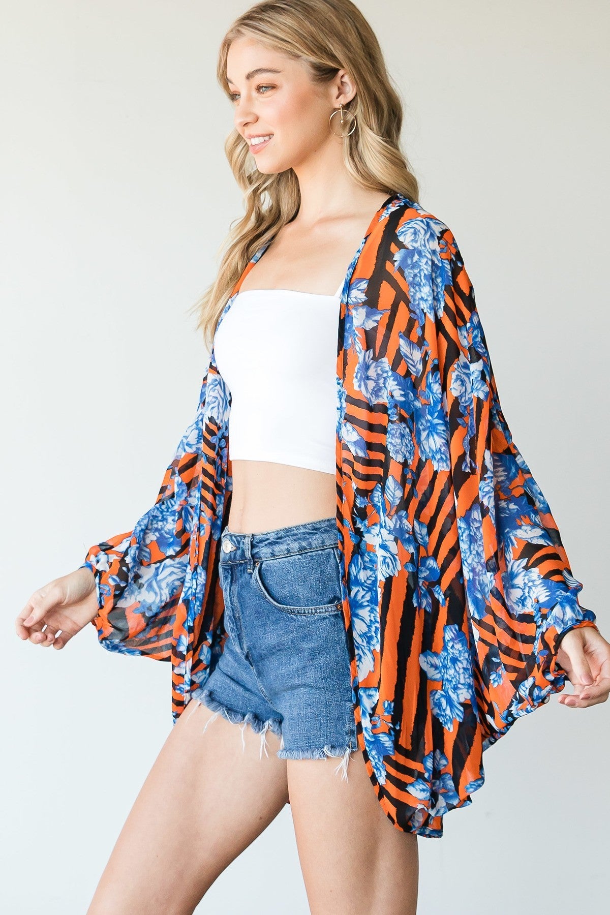 Women's Stripes and Floral Print Lightweight Kimono