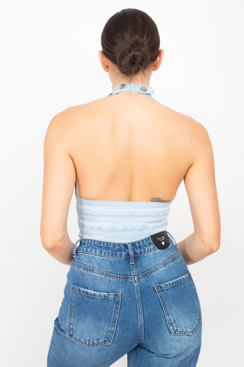 Women's Denim Jean Halter Neck Seamed Crop Top
