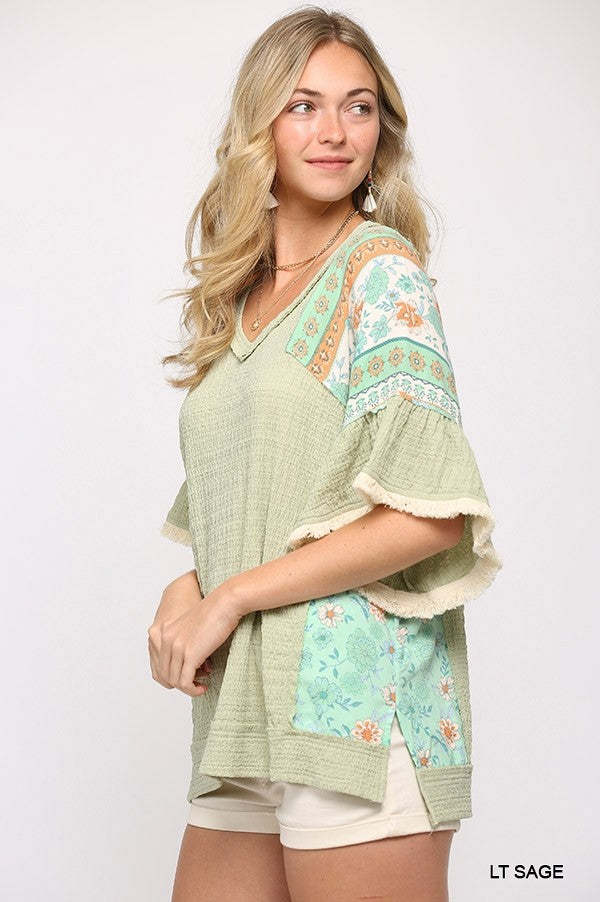 Women's Texture Knit And Print Mixed Hi Low Hem Top
