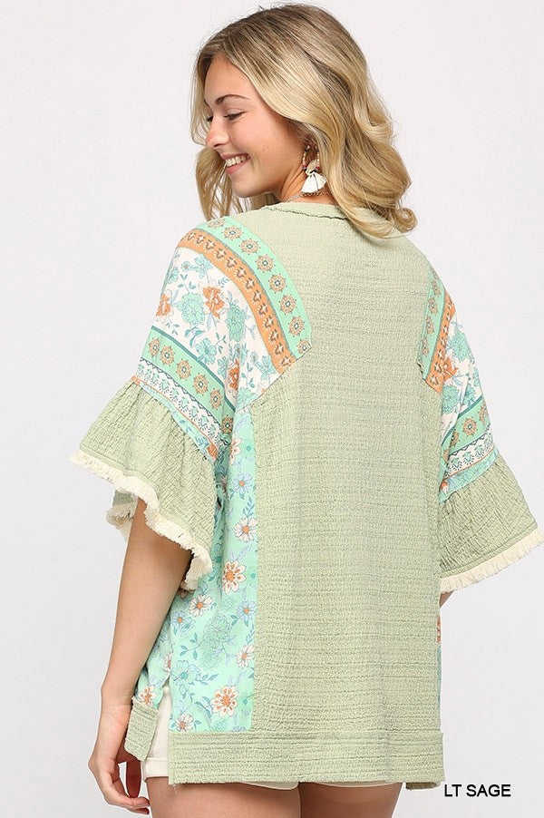 Women's Texture Knit And Print Mixed Hi Low Hem Top