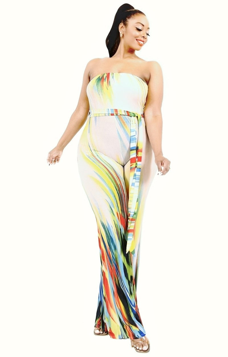Women's Plus Off Shoulder Color Brushed Tie Waist Jumpsuit