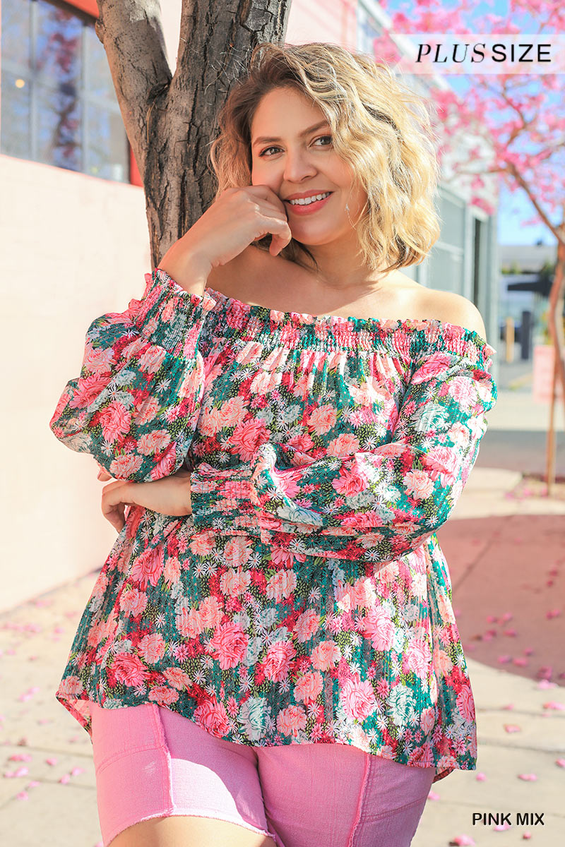 Women's Sheer Floral Print Plus Metallic Threading Long Sleeve Off Shoulder Top Blouse