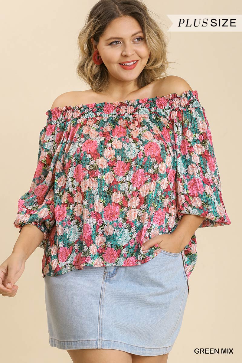Women's Sheer Floral Print Plus Metallic Threading Long Sleeve Off Shoulder Top Blouse