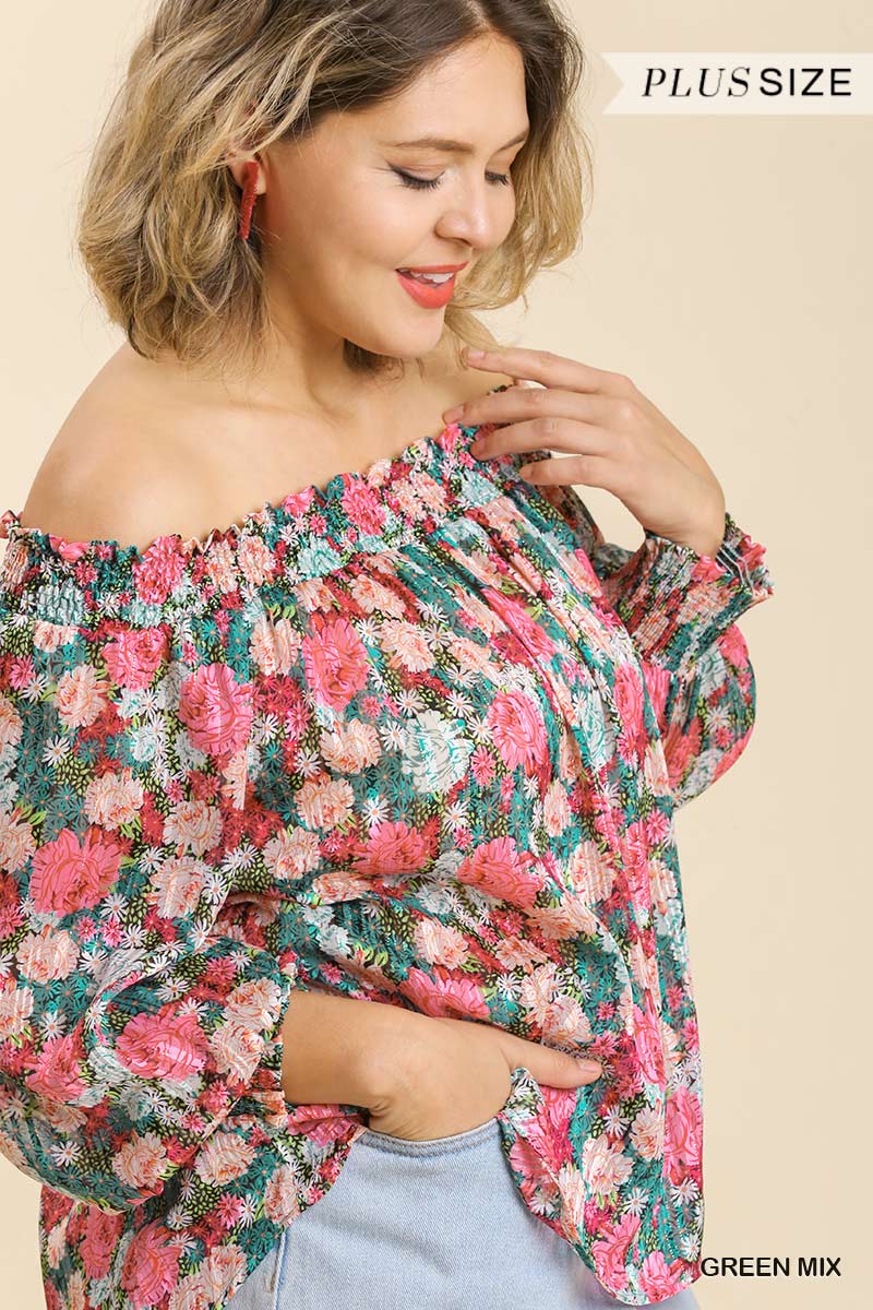 Women's Sheer Floral Print Plus Metallic Threading Long Sleeve Off Shoulder Top Blouse