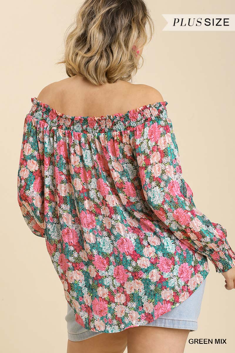Women's Sheer Floral Print Plus Metallic Threading Long Sleeve Off Shoulder Top Blouse