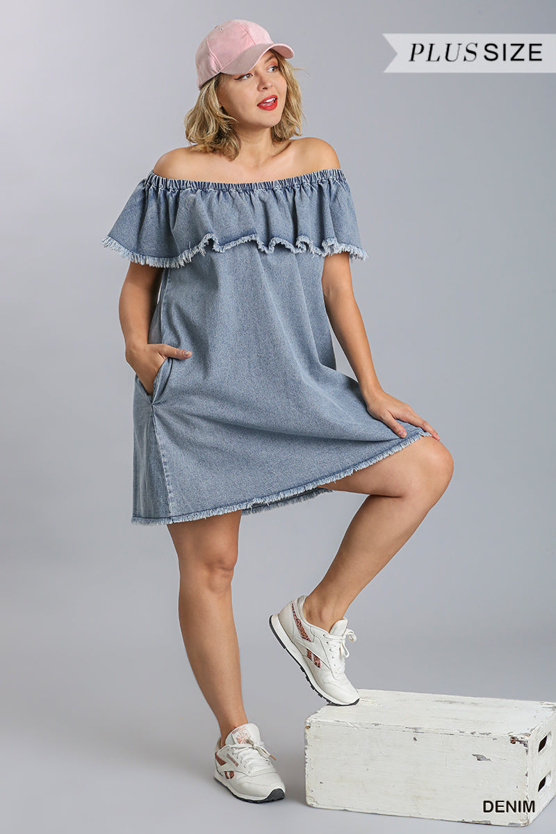 Women's Plus Off Shoulder Ruffled Denim Jean Dress with Frayed Hem & Pockets (XL & 1X Only)