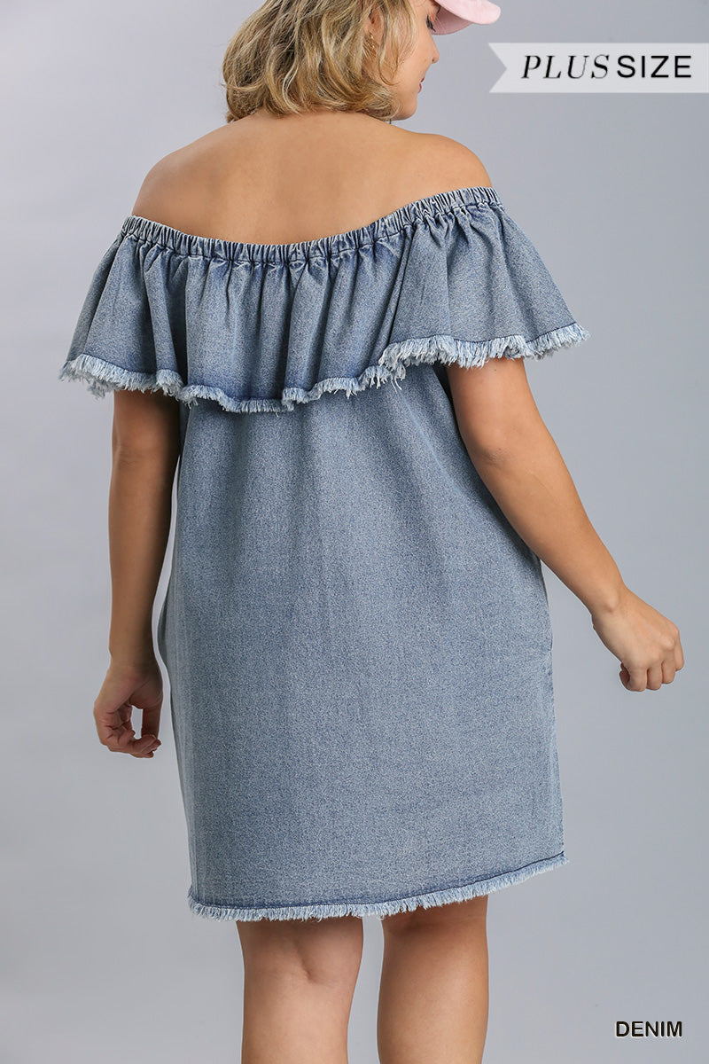 Women's Plus Off Shoulder Ruffled Denim Jean Dress with Frayed Hem & Pockets (XL & 1X Only)