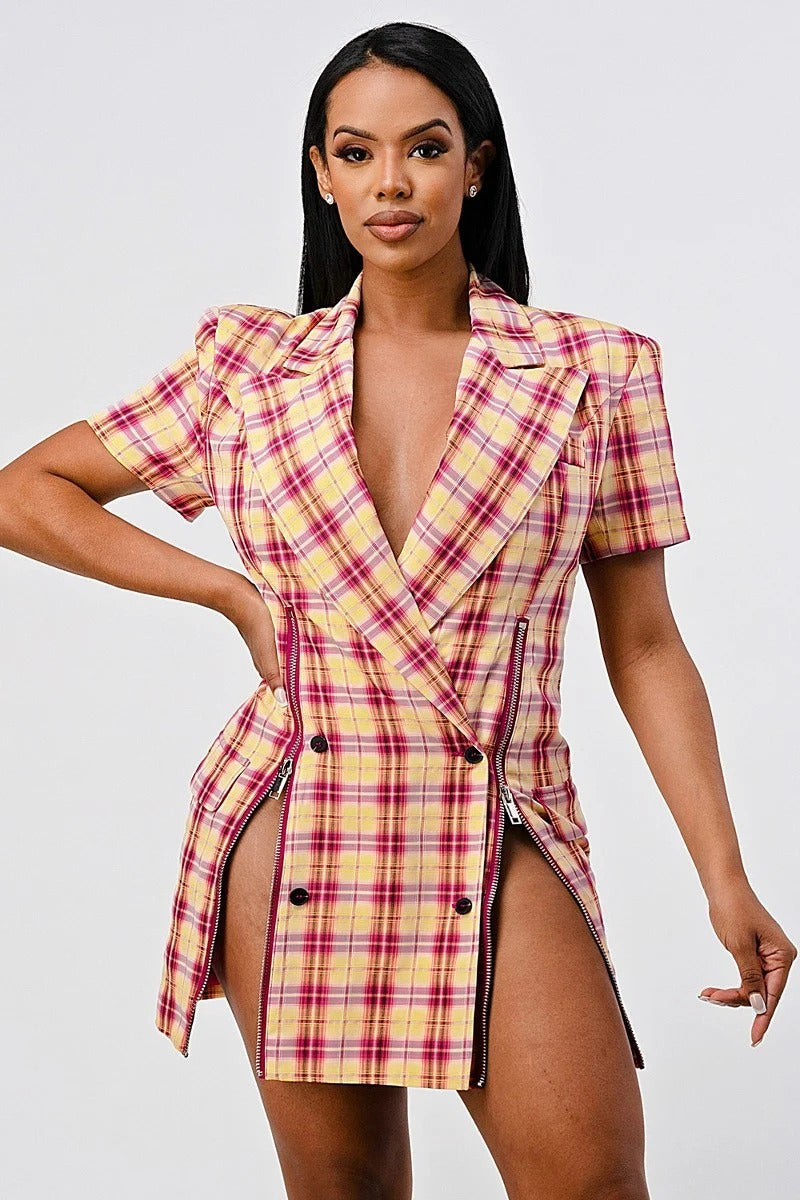 Women's Collared Double Breasted Plaid Blazer Mini Dress