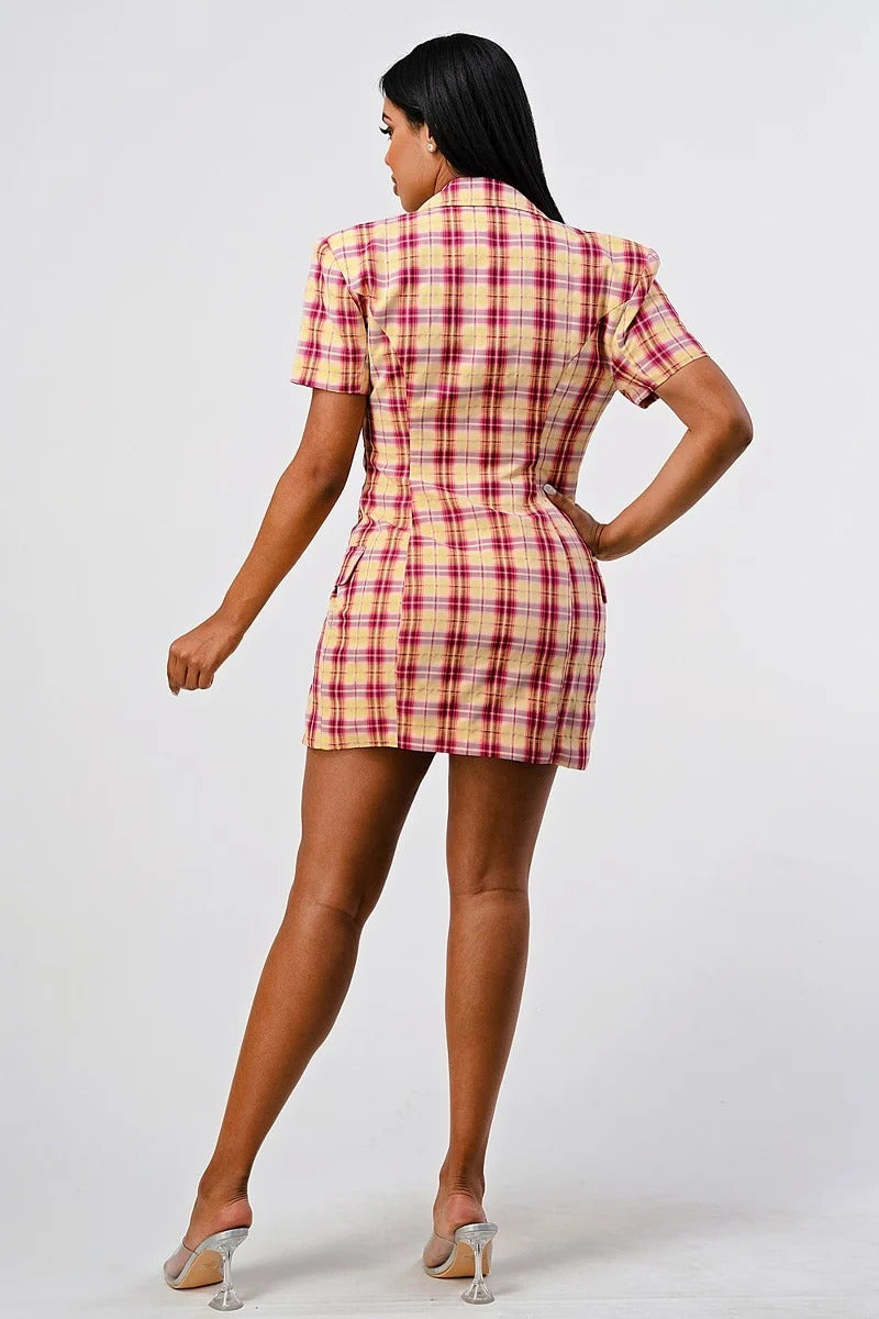 Women's Collared Double Breasted Plaid Blazer Mini Dress