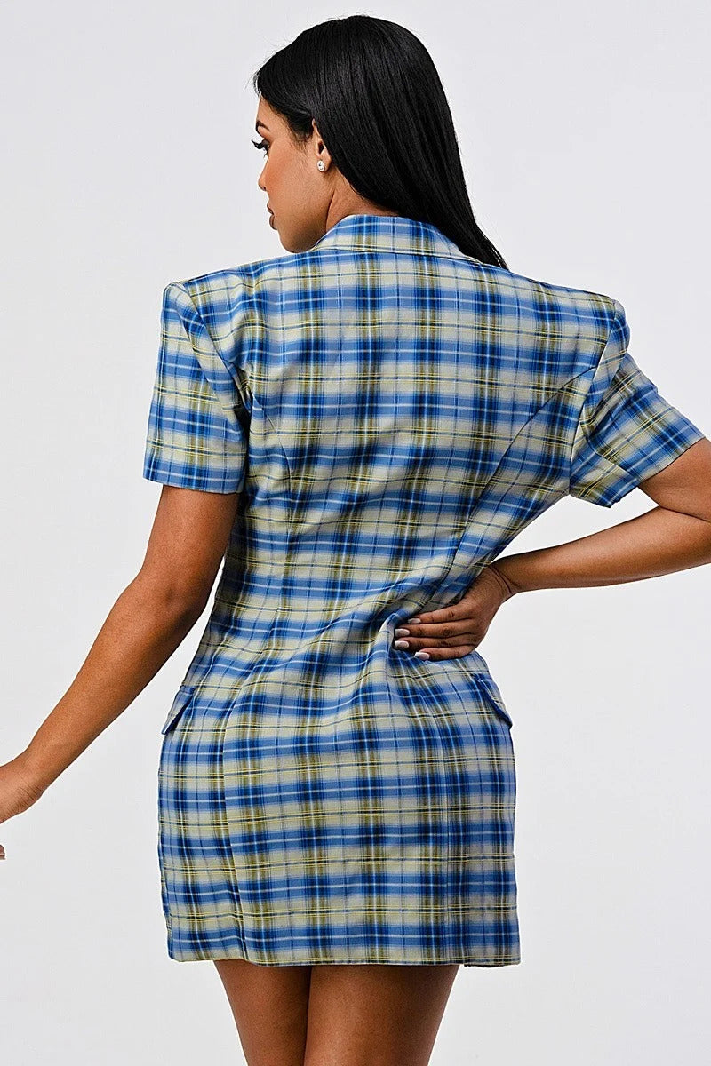 Women's Wide Collared Double Breasted Plaid Blazer Mini Dress