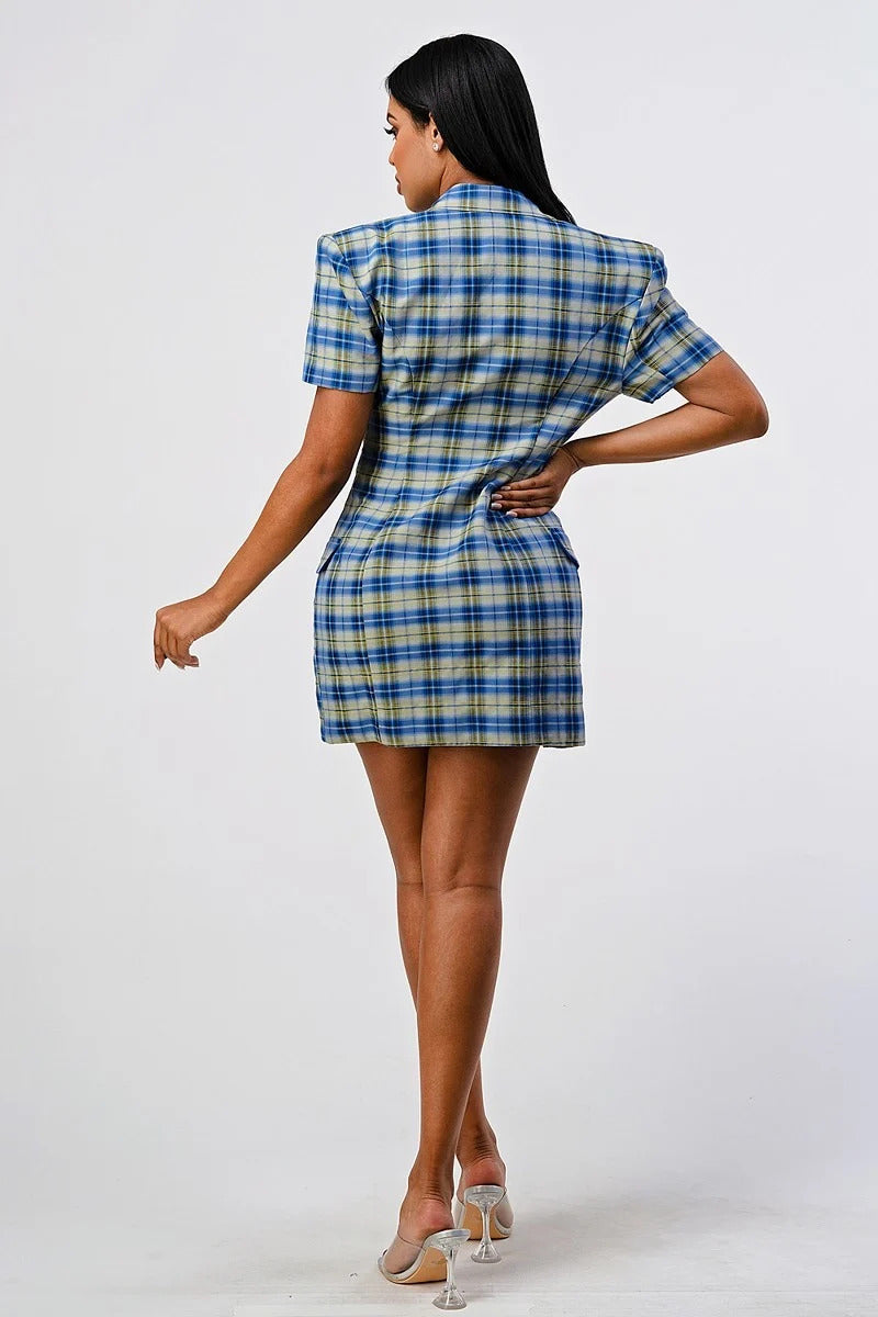 Women's Wide Collared Double Breasted Plaid Blazer Mini Dress
