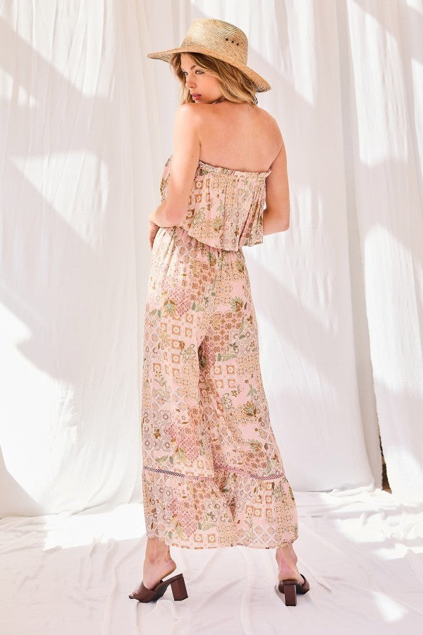Women's Tube Top With Tier Ruffle Waist Elastic Bottom Lace Trim Jumpsuit