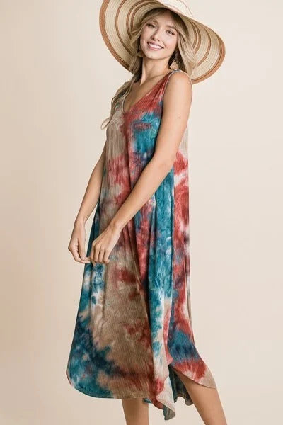 Women's Tie Dye Ribbed Brush Sleeveless Flowy Asymmetrical Hem Midi Dress