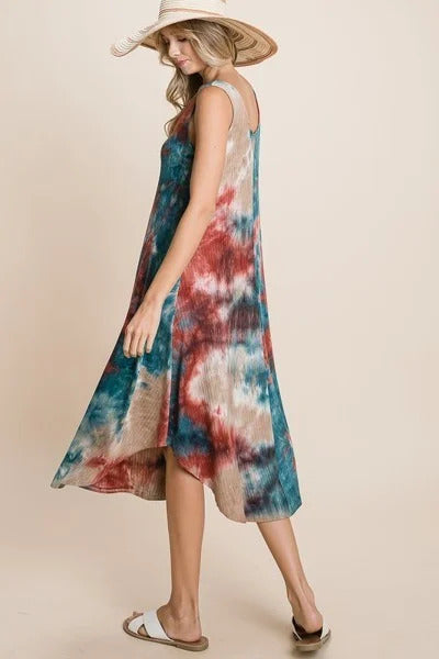 Women's Tie Dye Ribbed Brush Sleeveless Flowy Asymmetrical Hem Midi Dress