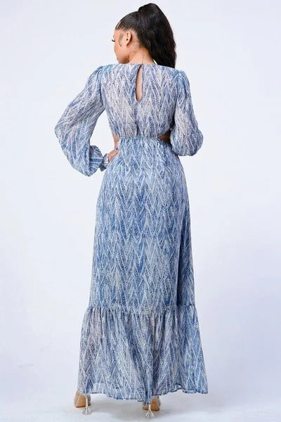 Women's Printed V Neck Self Belted Side Cut Out Ruffled Maxi Dress