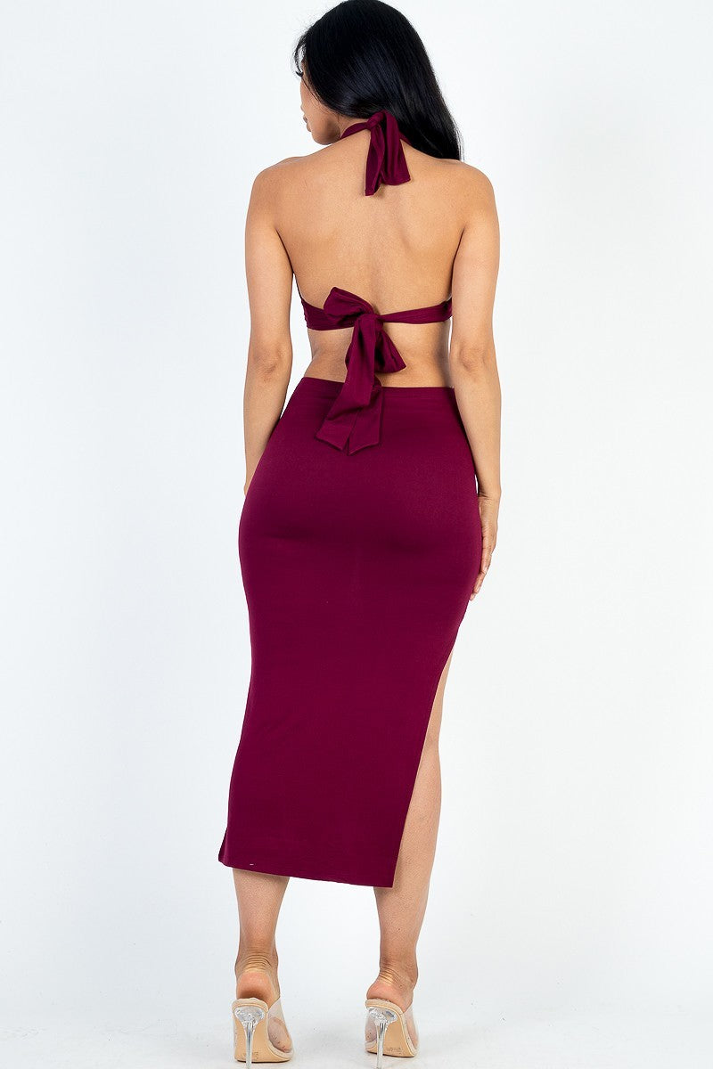 Women's Women's Cut-out Halter Neck Double Back Tie Split Thigh Midi Dress