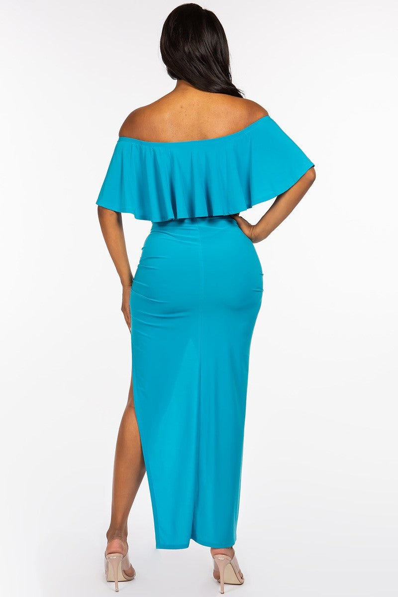 Women's Solid Off The Shoulder Ruffled Cropped Top And Ruched Maxi Skirt Two Piece Set