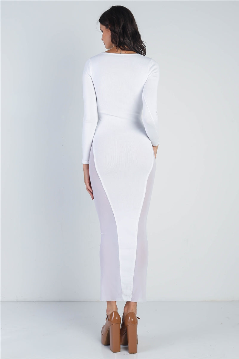 Women's Cutout Bust Mesh Side Detail Long Sleeve Dress
