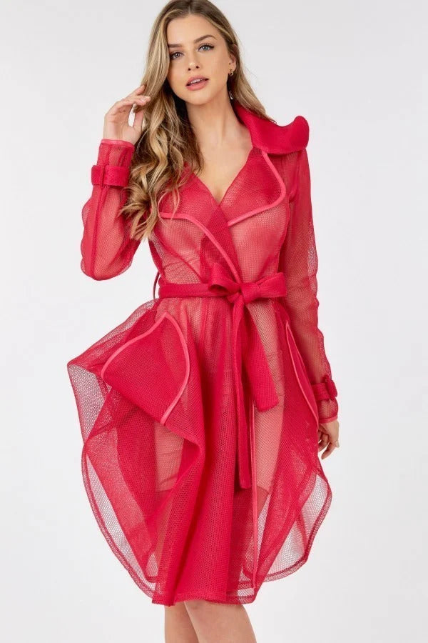 Women's Side Tacking Waist Tie Mesh Coat