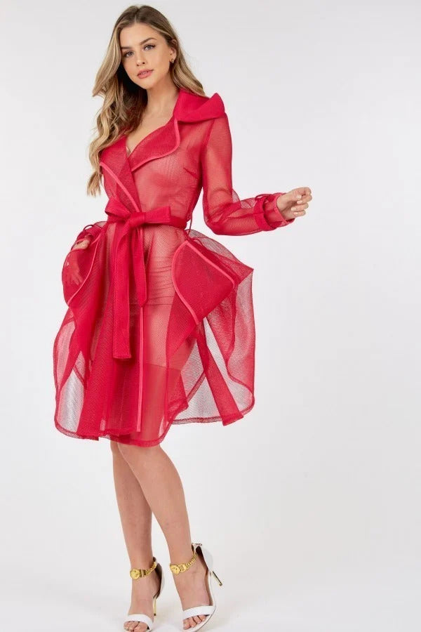 Women's Side Tacking Waist Tie Mesh Coat