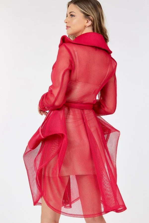 Women's Side Tacking Waist Tie Mesh Coat