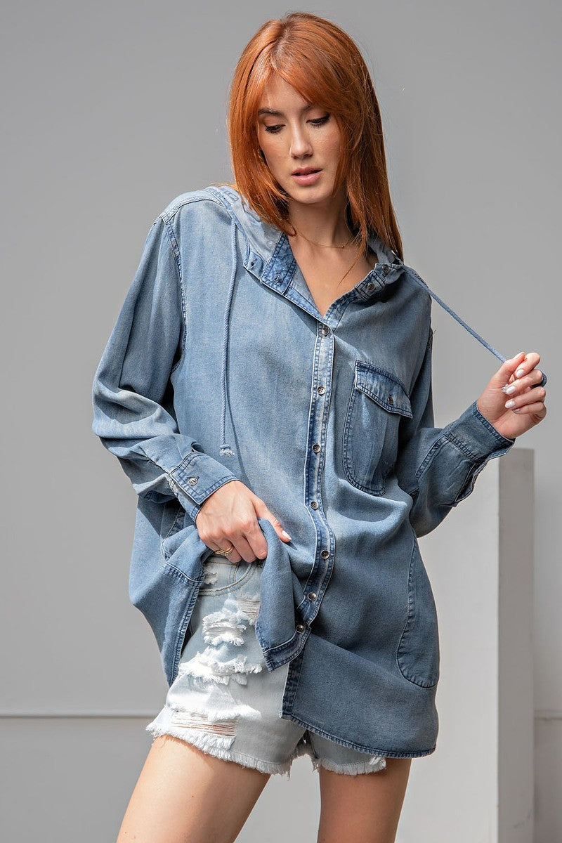 Women's Washed Drawstring Hood Loose Fit Denim Shirt Jacket