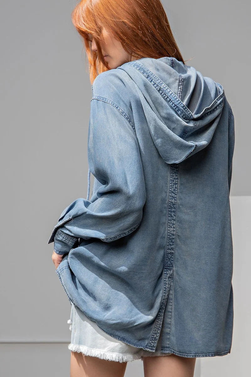 Women's Washed Drawstring Hood Loose Fit Denim Shirt Jacket