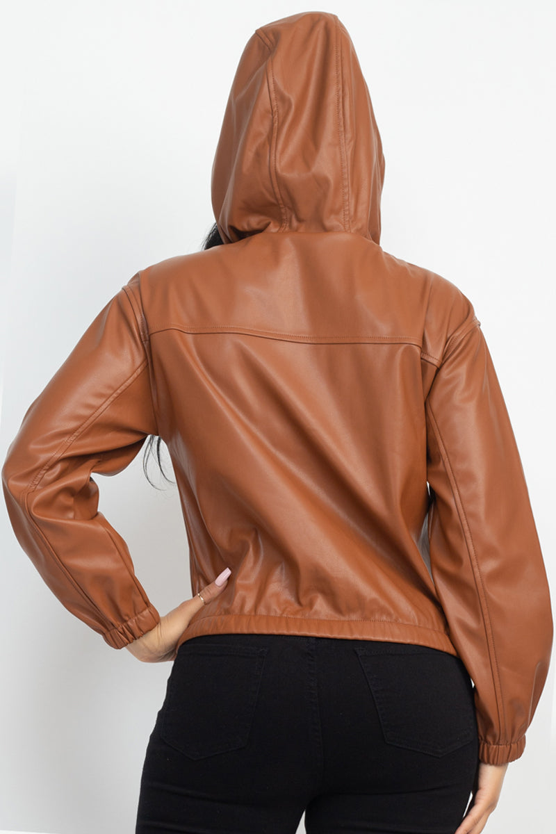 Women's Faux Leather Hoodie Jacket
