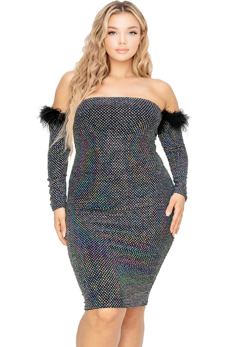 Women's Plus Off Shoulder Feather Trim Detail Sequin Dress