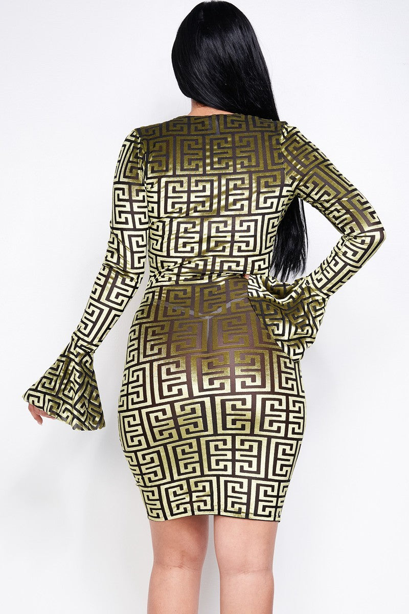 Women's Burnout Velvet V Neck Line Bell Sleeve Dress