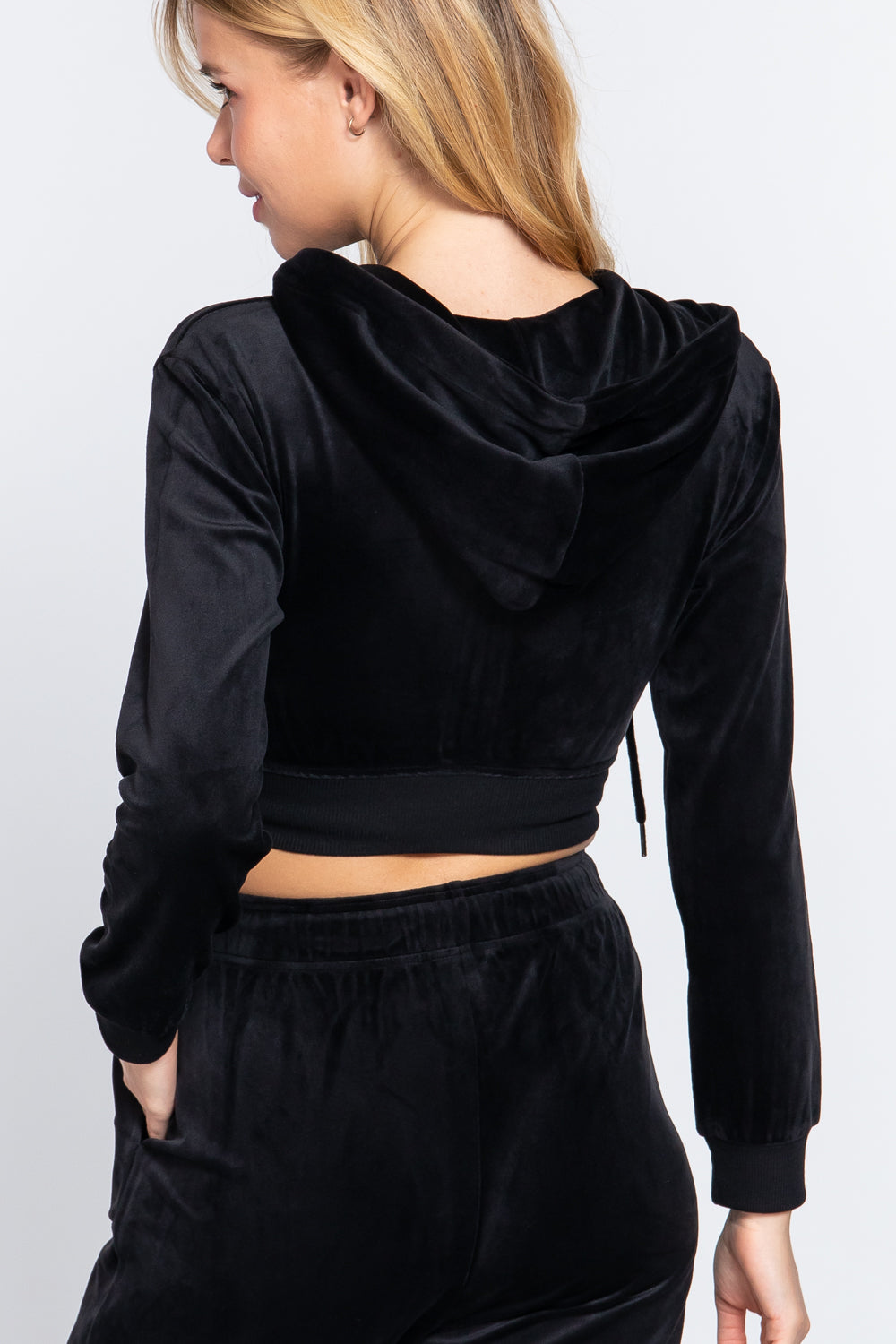 Women's Long Sleeve Velour Hoodie Crop Jacket
