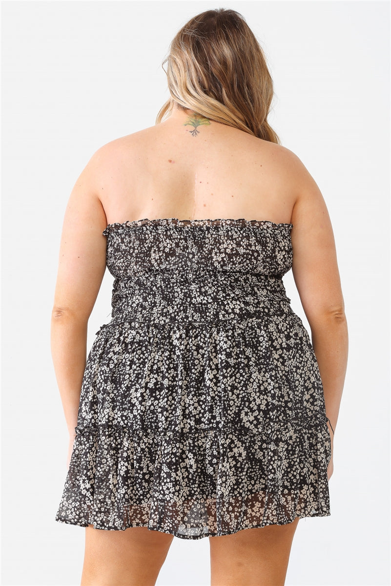 Women's Plus Floral Print Ruched Ruffle Smocked Back Top & High Waist Flare Hem Mini Skirt Set