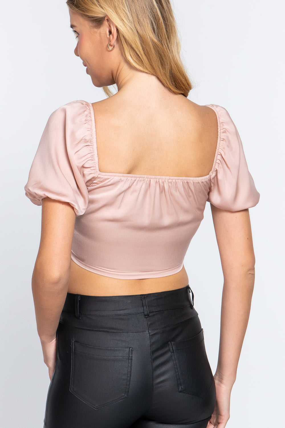Women's Short Sleeve Shirring Satin Crop Top