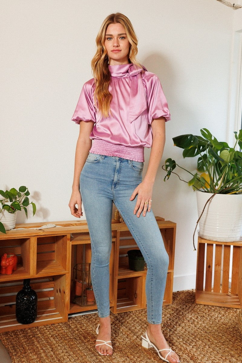 Women's Short Sleeve Shirring Satin Crop TopWaist Smocked Solid Satin Blouse