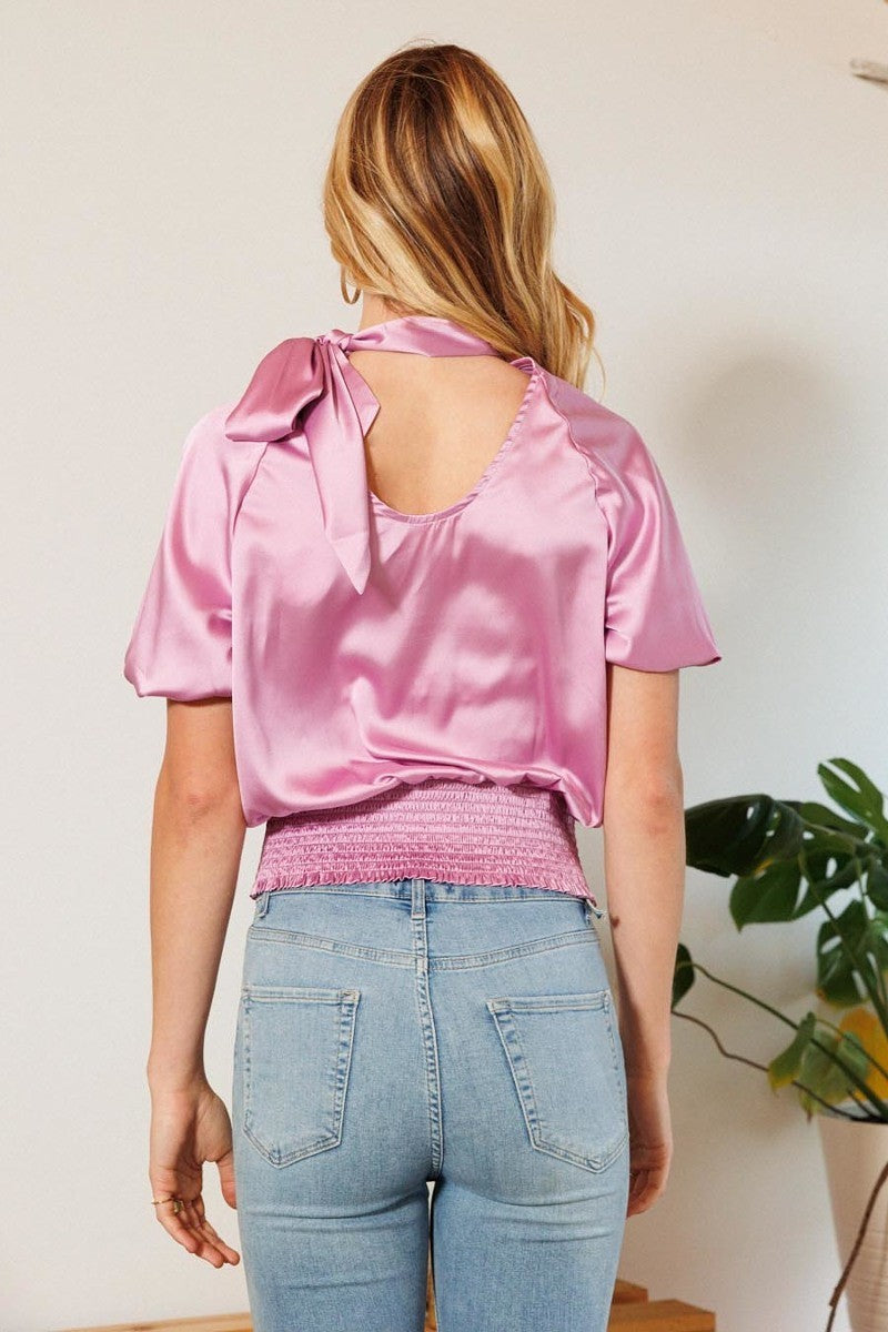 Women's Short Sleeve Shirring Satin Crop TopWaist Smocked Solid Satin Blouse