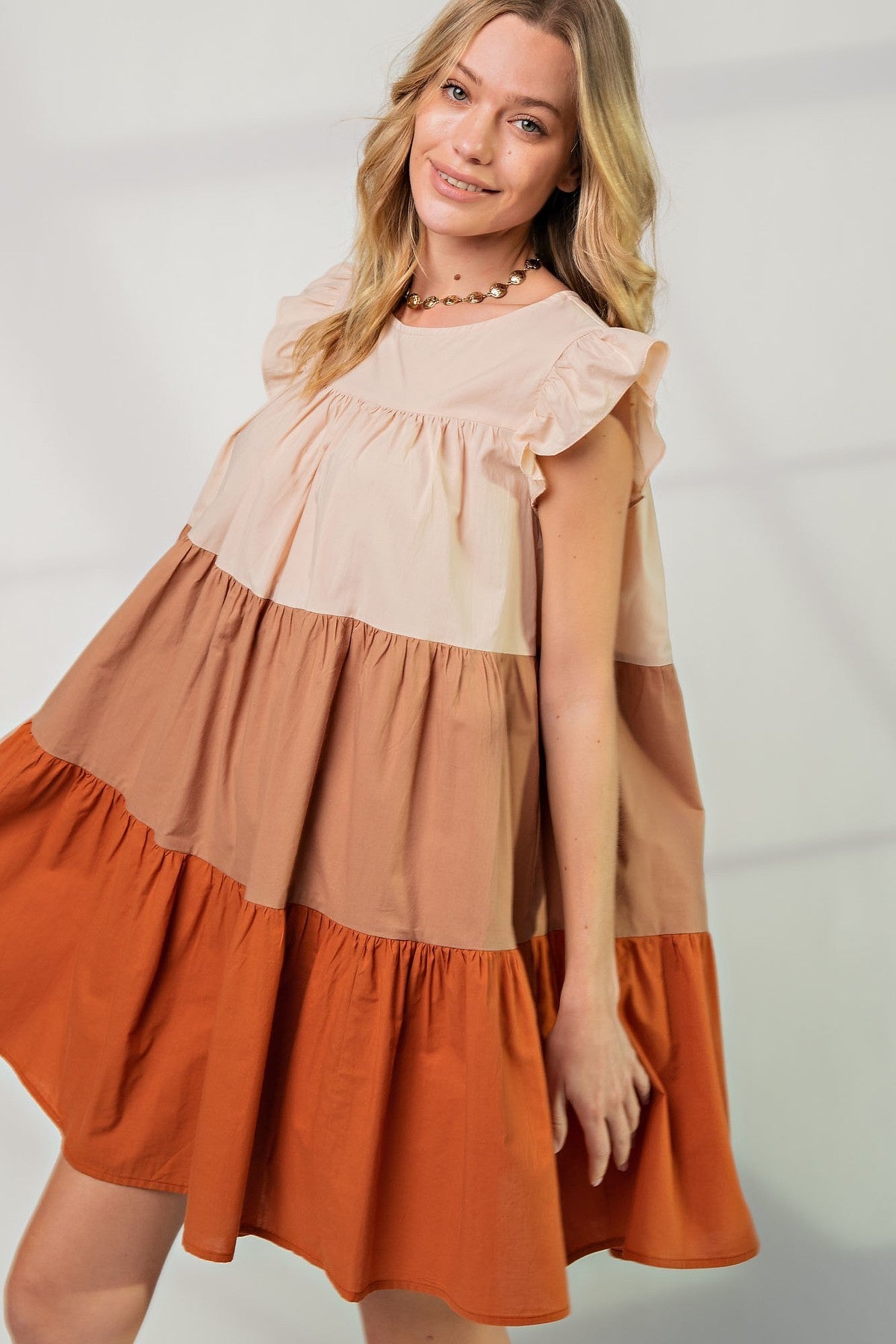 Women's Short Sleeve Shirring Satin Crop TopPoplin Tiered Color Block Dress