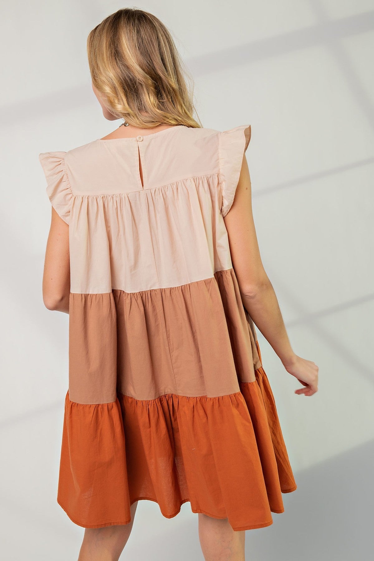 Women's Short Sleeve Shirring Satin Crop TopPoplin Tiered Color Block Dress